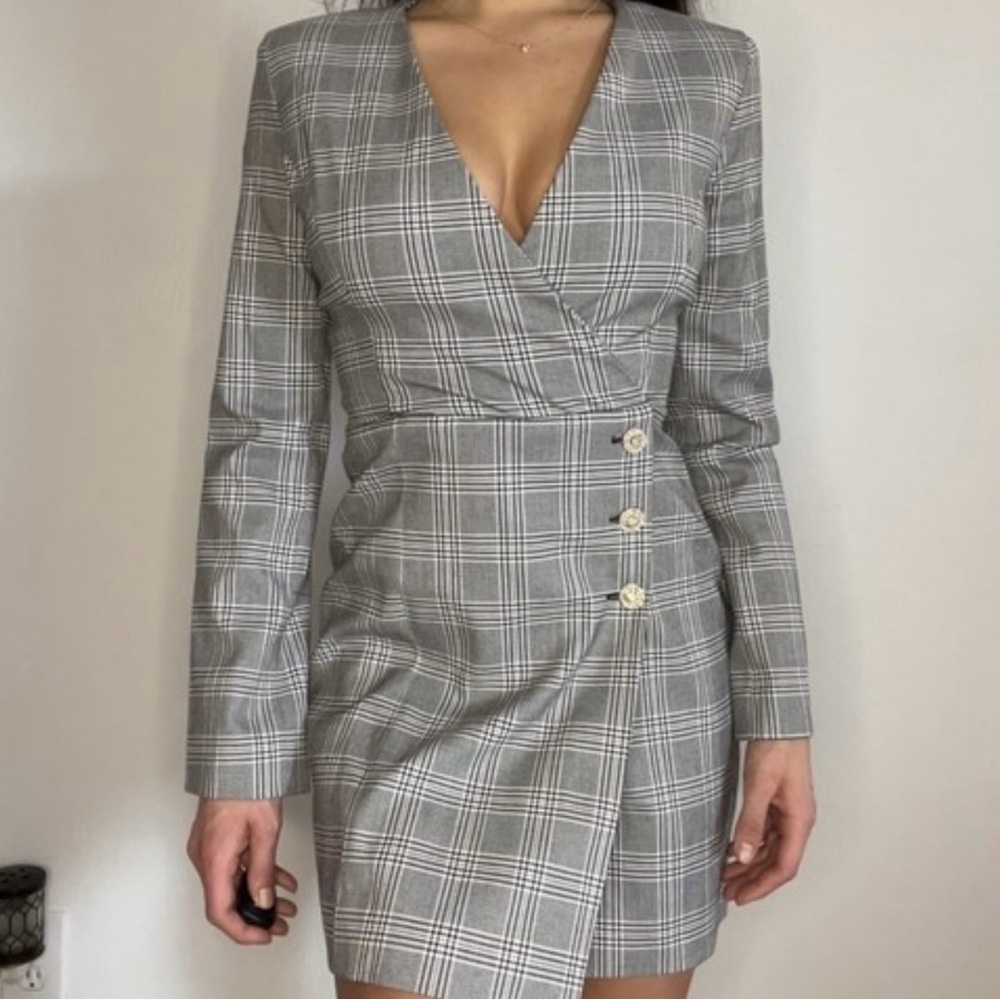 Zara Plaid faux Wrap Front Long Sleeve Mini Dress - Gray